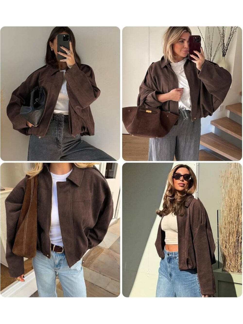 Women's Brown Faux Suede Oversized Cropped Open Front Zipper Bomber Jacket Coat - Picture 6 of 6